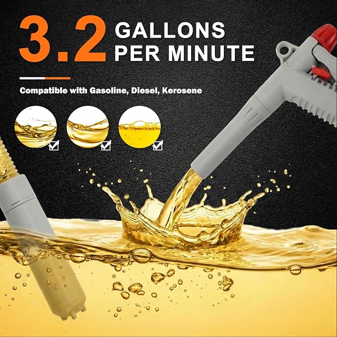 Gas Can Fuel Pump Portable - Gifts for Men, Fast 3.2 GPM Flow Rate, 51” Flexible Intake Hose, 4 Tank Adapter, for Gasoline, Kerosene, Diesel, Non-Potables grey plus
