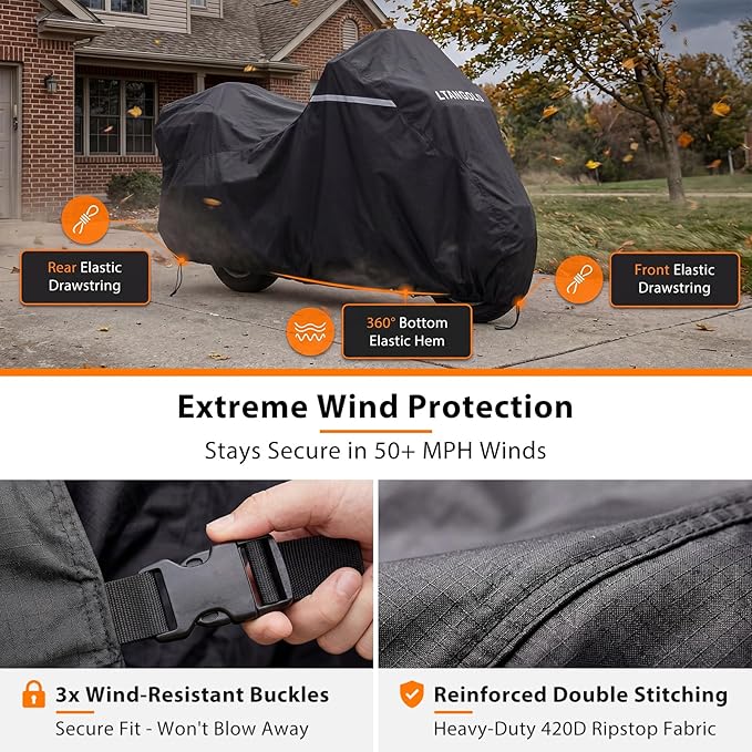 Motorcycle Cover for Harley Davidson Ultra Limited, Road Glide Limited, Street Glide Ultra, Gold Wing and Other Touring Bikes with Tour Pak/Trunk, Waterproof Heavy Duty All Weather Outdoor Storage