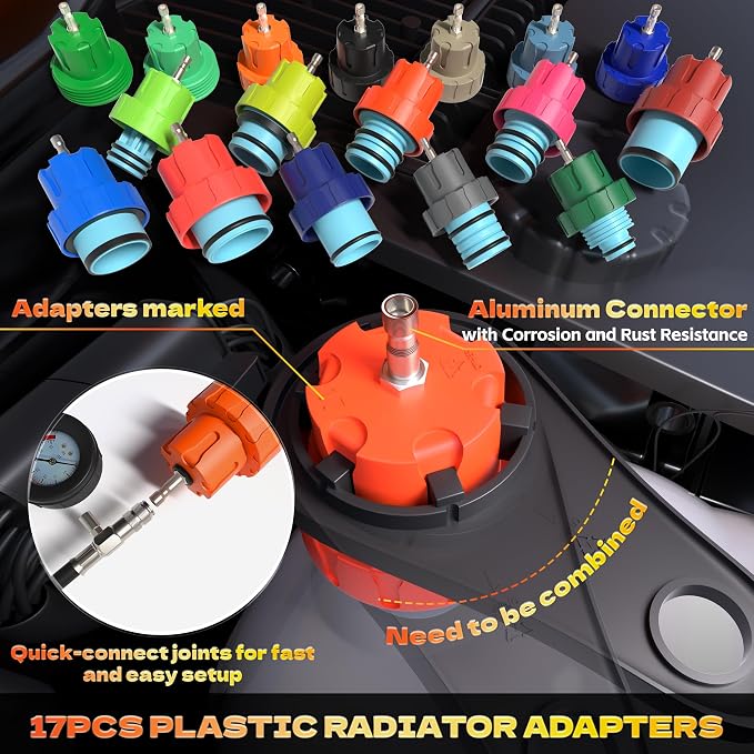 KJE 31PCS Coolant Pressure Tester Kit, Radiator Pressure Tester Kit with 23 Radiator Adapters, and Coolant Vacuum Refill Kit for Automotive Cooling System Water Tank Leakage Detection