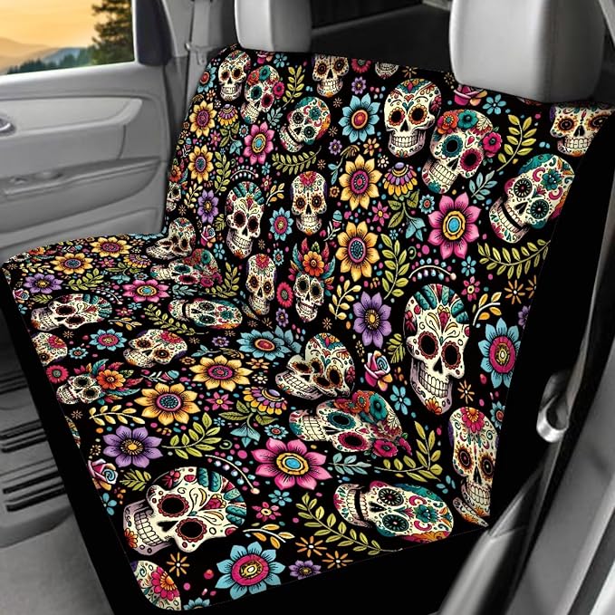 Skull Flower Car Seat Covers Full Set with Front and Split Rear Bench 17 Pack Skull Hippie Flower Car Accessories Set with Car Floor Mats Seat Belt Cover Steering Wheel Covers,Universal Fit