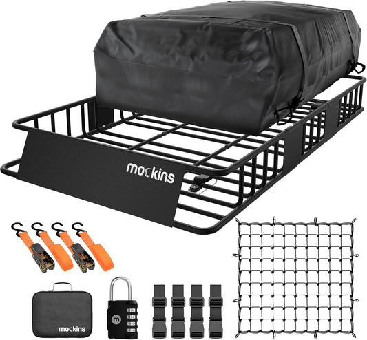 Mockins 64"x39"x6" Extendable Heavy Duty Roof Rack Basket w/ 16 CuFt Waterproof Cargo Bag for Top of Car | 250Lbs Cap All Weather Rooftop Cargo Carrier for Top of Vehicle & Car Top Carrier Accessories