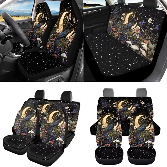 8 Pcs Moon Crow Car Seat Covers Full Set Car Accessories for Women Front Seat Cover Steering Wheel Armrest Cover Seat Belt Cover for Auto SUV Interior Decoration