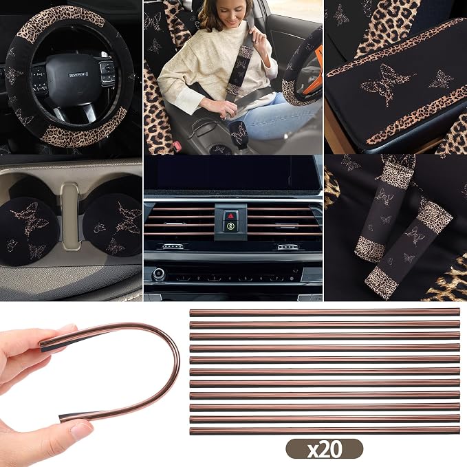 BBTO 47 Pcs Car Seat Full Set Car Accessories for Women 5 Front Rear Seat Covers Wrist Strap 2 Pieces Cup Mat Armrest Pad 2 Belt Cover Accessories for SUV(Leopard Print)