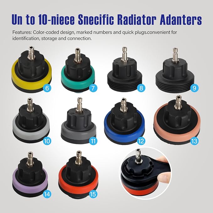 18pcs Universal Radiator Pressure Tester Kit, Coolant Vacuum Refill kit，Coolant Pressure Tester Kit with Manual Pump and Color-Coded Test Caps (Black)