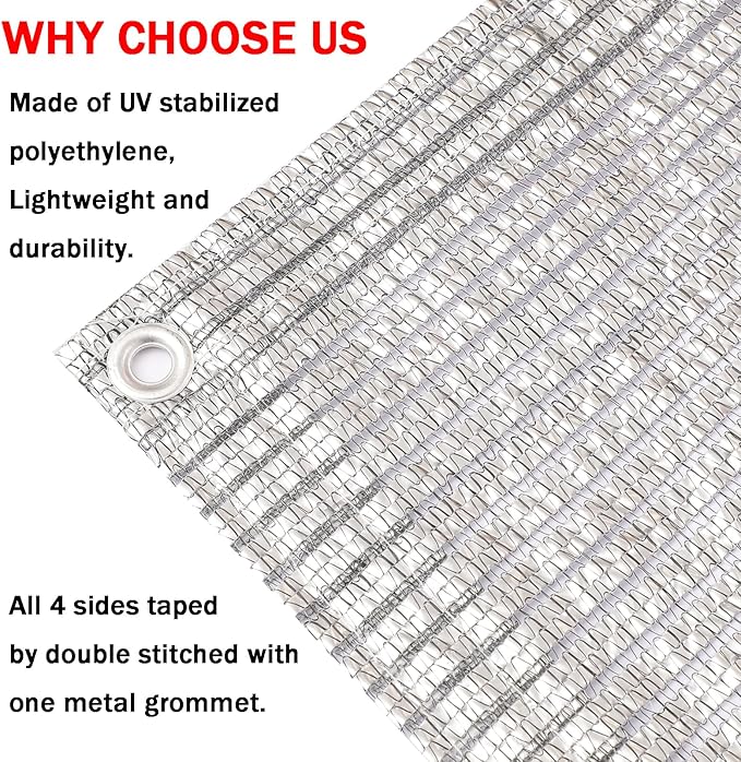 65% Aluminum Foil Shade Cloth with Grommets,12ft x 20ft, Mesh Sun Block Fabric Cover, Canopy, Privacy Screen for Outdoor Patio, Garden, Backyard, Silver