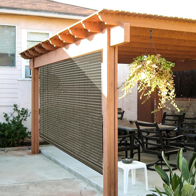 E&K Sunrise 4'W x 6'H Roll Up Shade Outdoor Hollow Out Roller Blind Sun Shade for Patio Porch Backyard Gazebo Deck Pergola (Brown)