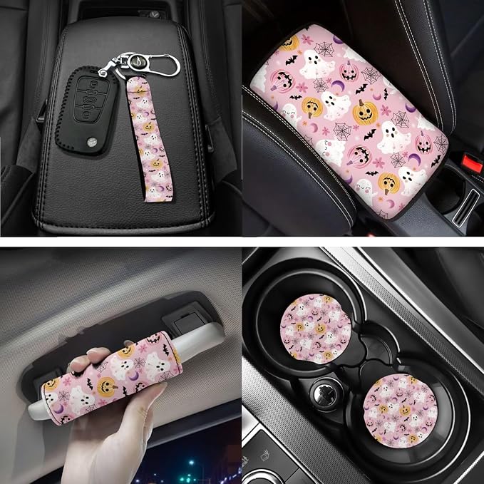 Pink Cute Halloween Car Accessories Set for Women, Car Seat Covers Full Set with Steering Wheel Cover Floor Mats Armrest Pad Seat Belt Pads Roof Cup Coaster Handle Wraps Keychains