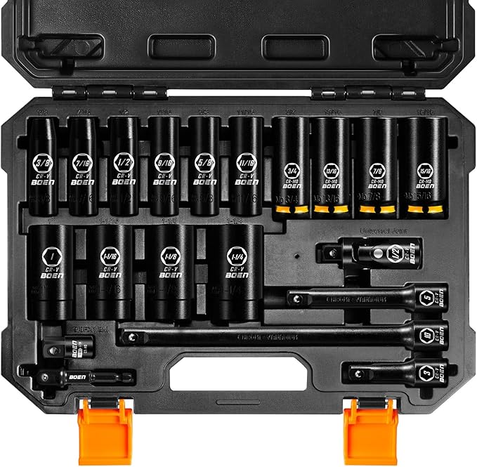 BOEN Pro 41Piece 1/2" Drive Deep Impact Socket Set, SAE 3/8"-1-1/4", Metric 10-24mm, Includes Extensions, Joint, Adapter