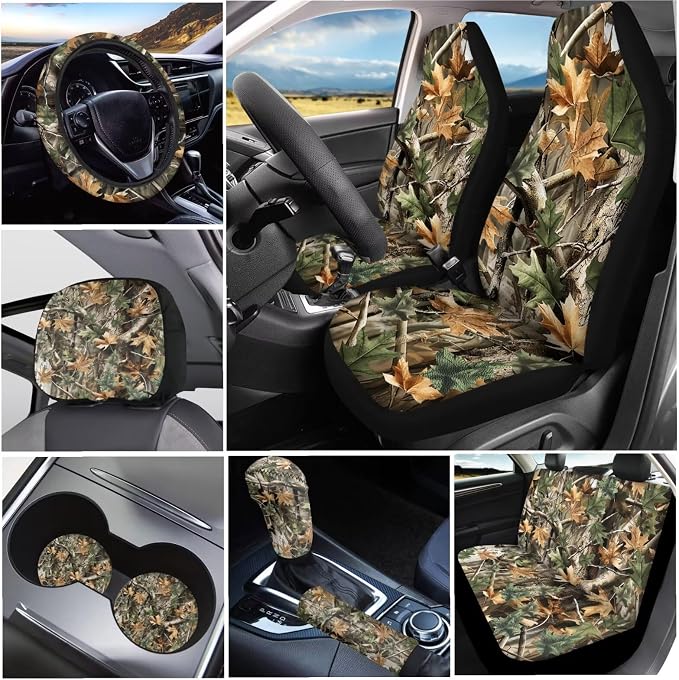 KEIAHUAN 11 Pieces Camo Hunting Design Car Accessories Set Automotive Rear Front Seat Cover, Steering Wheel Cover, Handbrake and Gear Shift Knob Cover, Headrest Covers, Coasters