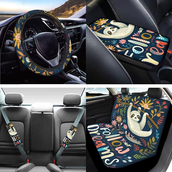 Mumeson Sloth Car Seat Covers Auto Front and Rear Cushion Covers with Steering Wheel Cover Seat Belt Shoulder Pads + Car Armrest Cushion Interior Accessories