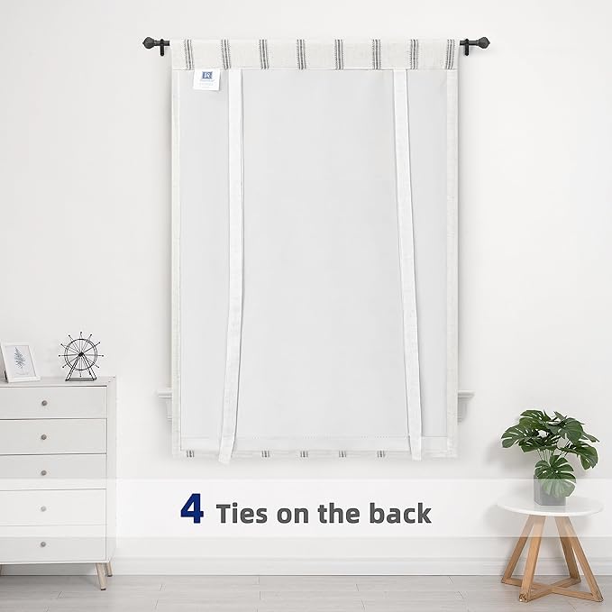 DriftAway Farmhouse Double Layer Linen Blackout Tie Up Curtains Thermal Insulated Vertical Striped Fully Lined Balloon Roman Shade Bathroom Window Adjustable Rod Pocket 25 Inch by 47 Inch Gray