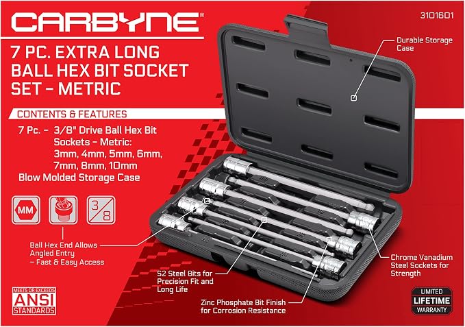 CARBYNE 7-Piece Extra Long Ball End Hex (Allen) Bit Socket Set, Metric 3mm to 10mm, 3/8 in. Drive, S2 Steel, CrV Sockets, Zinc Phosphate Bit Finish, 6.1 in. Length, Durable Case