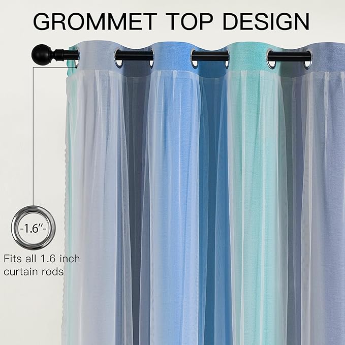 XiDi Blue Green Grey Blackout Curtains 63 Inches Long for Living Room Bedroom 2 Panels Double Layer Curtains Rainbow Kids Grommet Window Drapes for Nursery Princess Unicorn Wall Decals 52 Inches Wide