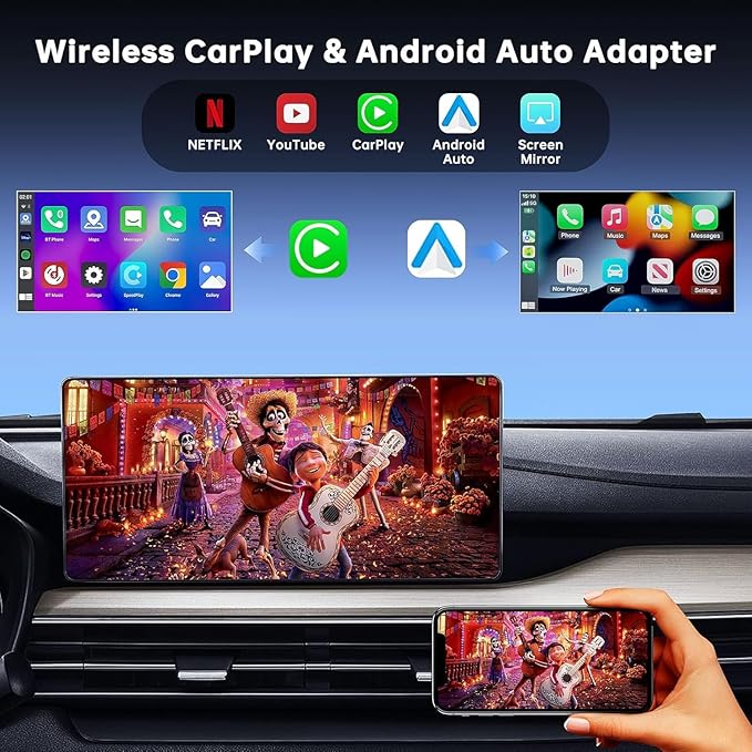 2026 New Wireless CarPlay Adapter Support Netflix/YouTube/TF, 5-in-1 Android Auto & Carplay Adapter with USB-A and USB-C Cables,Convert Wired to Wireless Apple Dongle, Video Box Car Play for iOS 10+