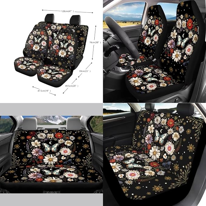Car Accessories Car Seat Covers Full Set with Steering Wheel Covers+Seat Belt Pads+Coasters+Keychain+Lipstick Holder Universal Fit(13 Pack), Butterfly and Daisy Flowers Pattern