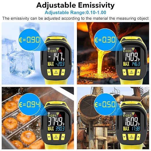 Infrared Thermometer Gun, TEMIRUP Digital Laser Thermometrer Temperature Gun with Probe, -40°F to 1472°F, IR Temp Gun with Color LCD for Cooking, Pizza Oven, Griddle Grill, Adjustable Emissivity