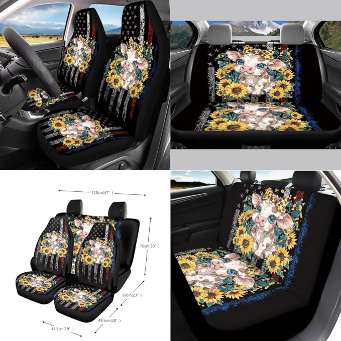 Cow Sunflower American Flag Pattern Front and Back Seat Protector, Steering Wheel Cover Seat Belt Pads Trash Can Air Vent Storage Bag Keychain Universal Fit Most Cars Sedans