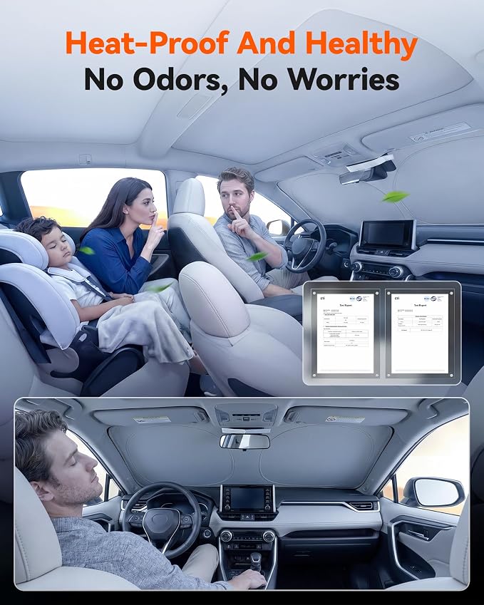 WOLFBOX Foldable Car Windshield Sun Shade, Maximum UV & Heat Shield Front Window Sunshade Visor Protector for SUV Trucks Sedans (Graphene, 64''x34'')