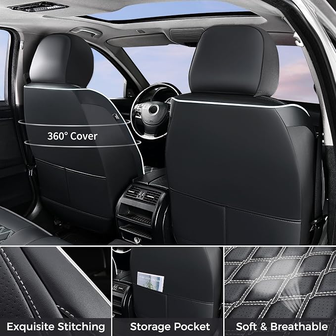 Huidasource Wrangler JK Seat Covers 2 Door Full Set, Front & Rear Full Coverage Leather Seat Cushion Protector Fit for Jeep Wrangler JK 2-Door Sahara Sport Rubicon 2007-2017(Full Set/Black&White)