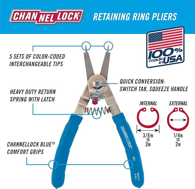 Channellock Snap Ring Plier 927 - Precision Circlip Retaining Ring Pliers, 5 Tips, Made in USA - 8-Inch