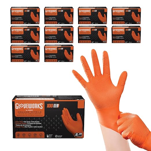 GLOVEWORKS 8 Mil Orange Nitrile Disposable Gloves Heavy Duty Industrial RDT for Mechanic and Automotive, XXL 10 Boxes of 100