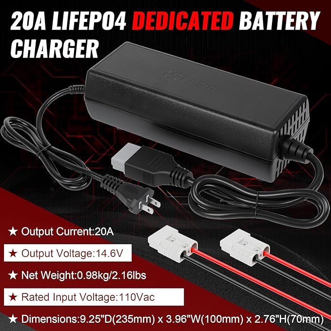 20A 12V LiFePO4 Battery Charger, 14.6V Lithium Battery Charger with M8 Terminals & Alligator Clips, Fast Charging, Over-Current and Over-Voltage Protection for 12V Lithium Iron Phosphate Batteries