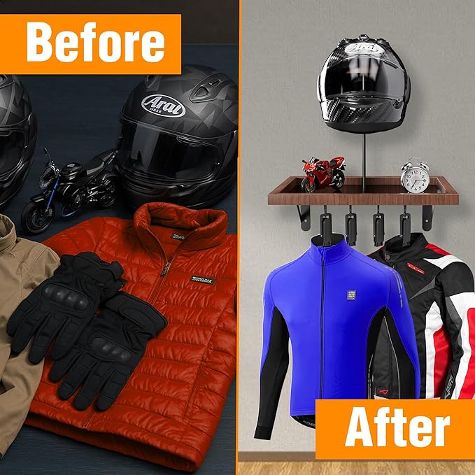 Motorcycle Helmet Holder Wall Mount, Heavy-Duty Metal Helmet Rack with Glove Clips & Gear Hanger, Universal Helmet Hanger Wall Mount for Motorcycle/Bike/Snowboard Helmets