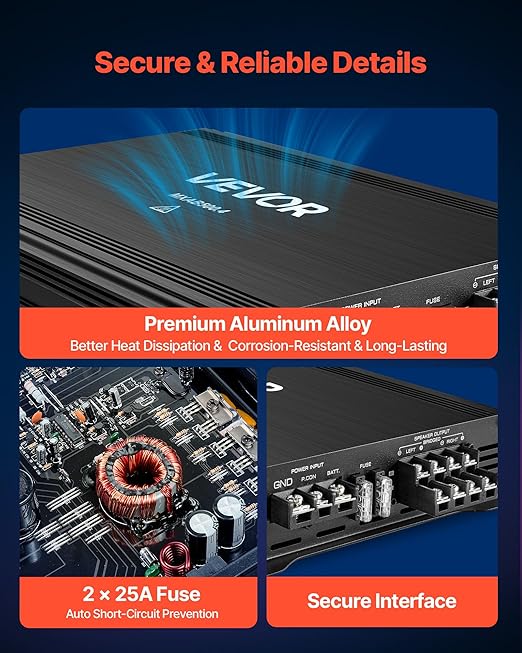 VEVOR 4 Channel Car Audio Amplifier 2 Ohm Stable Bridgeable Class A/B Full Range Amp Max Power 4 x 250W @ 4 Ohm / 4 x 500W @ 2 Ohm for Car SUV Truck Off-Road