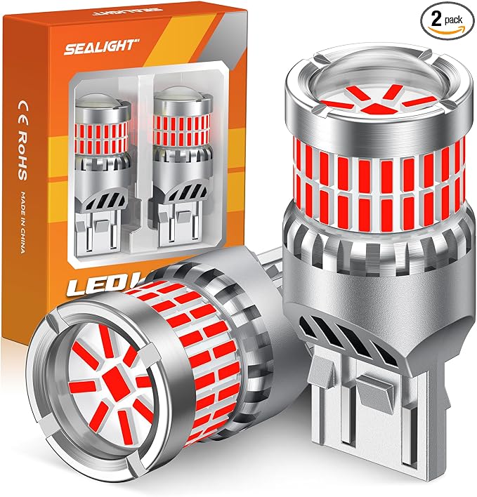 SEALIGHT 7440 7443 LED Bulbs Red for Brake Lights, Upgraded T20 7444 7441 W21W 992 7443NA LED Bulb 56-SMD with Projector Lens for Stop Tail Lights, Pack of 2