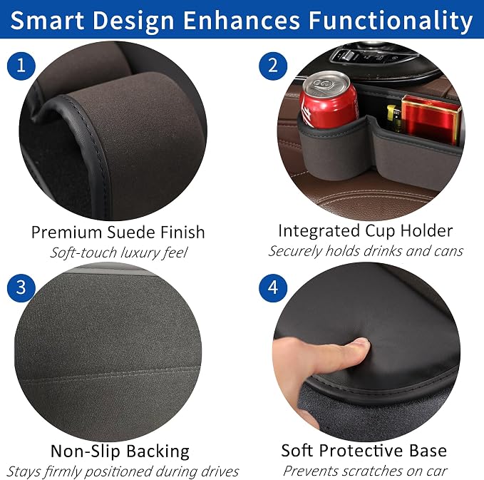 2 Pack Car Seat Gap Filler with Cup Holder, Suede Car Seat Gap Plug with Storage Slot for Filler Between Car Seat and Console, Universal Fit Sedans, SUVs, MPVs, Most Vehicles (Black)
