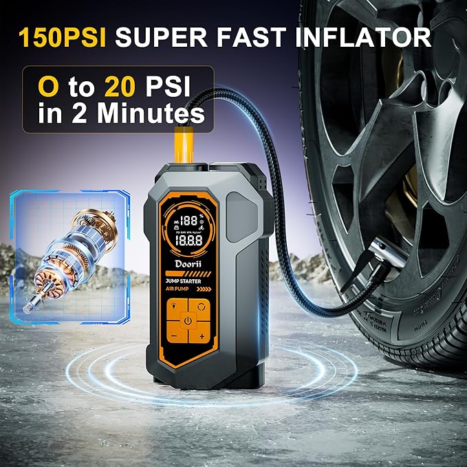 8000A Jump Starter with Air Compressor, Car Jumper Starter Portable, 150PSI Tire Inflator/Air Pump, LED Flashlight for Up to All Gas / 12.0L Diesel Engines
