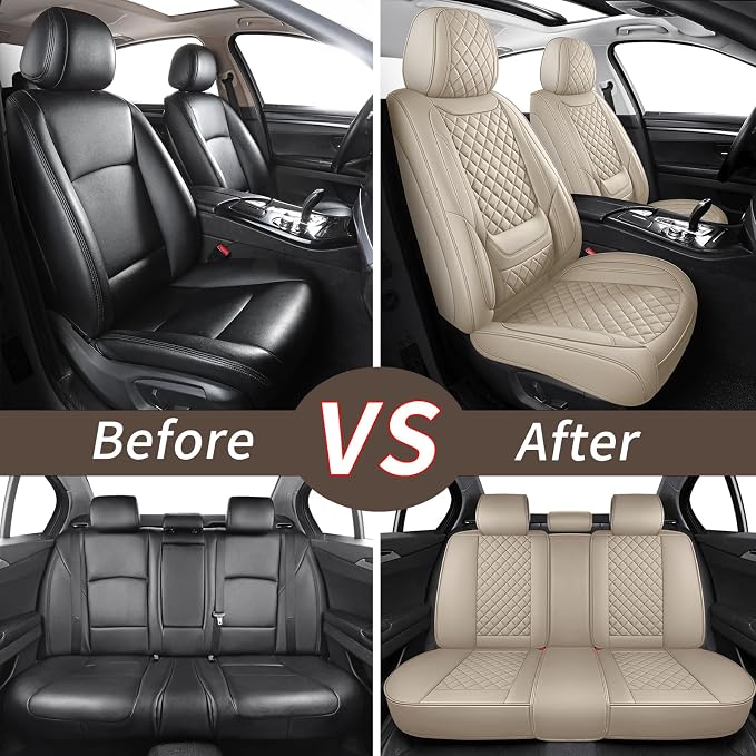 Beige Leather Car Seat Covers Full Set Breathable Seat Protectors Waterproof Automotive Seat Covers Universal Fit for Most Cars SUVs Trucks Vehicles