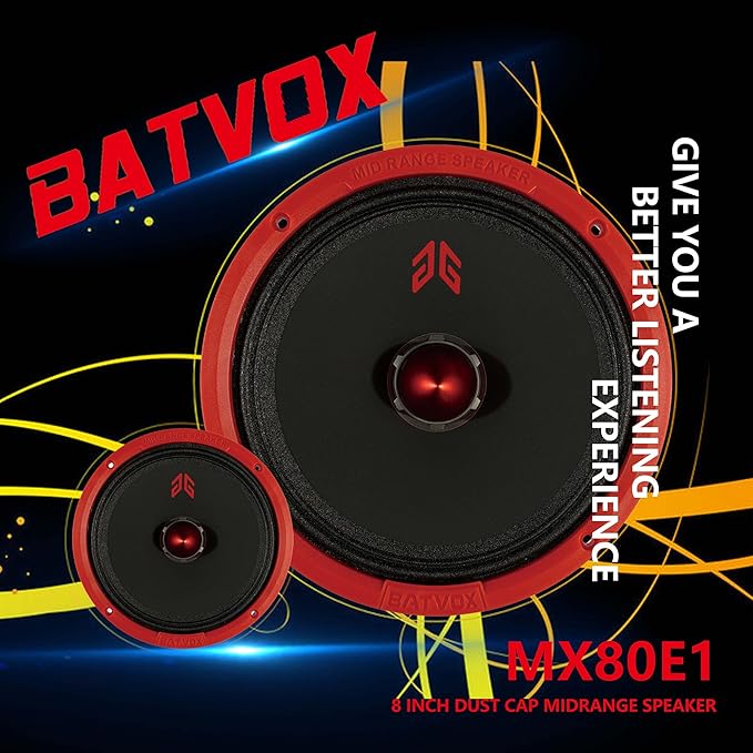 MX80E1 Loudspeaker 8 Inch Midrange 560 Watts 6 Ohms Red Bullet, Premium Quality Audio Door Speakers for Car or Truck Stereo Sound System, Red (2 Speakers)