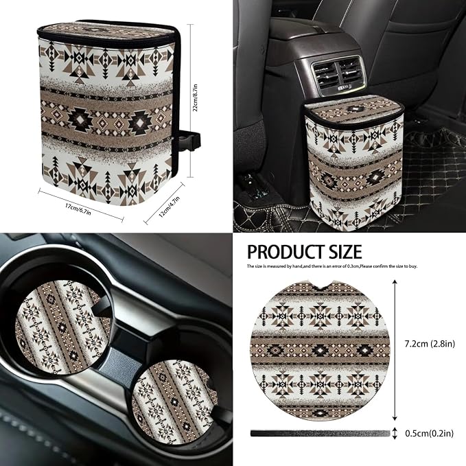 Suobstales Aztec American Tribal Geometric Print Car Seat Covers Set with Steering Wheel Cover, Seatbelt Pads, Coasters, Car Garbage Can, Rearview Mirror Cover, Keychains, 13pcs Auto Accessories