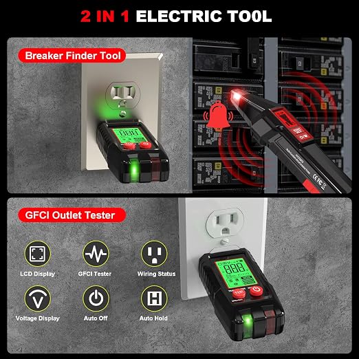 Circuit Breaker Finder with Outlet Tester, Quick GFCI, Voltage, AC 90-135V Electrical Circuit Tracer with Dual LCD Display, Batteries and Carrying Case