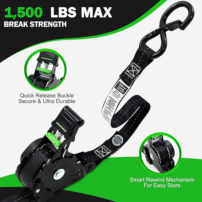 STARLEAPARTS Retractable Ratchet Straps(2PK) - 1,500lb Break Strength, Ratchet Straps Heavy Duty with Soft Loop Tie Downs, Perfect Auto Ratchet Strap for Motorcycle, Kayak and Trucks (Black)