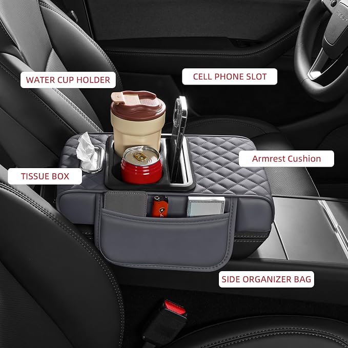 5 in 1 Nappa Leather Console Armrest Cover, Gray | Built-in cup holder, tissue slot, phone holder & 2 storage pockets, practical car accessories fit SUV sedan truck