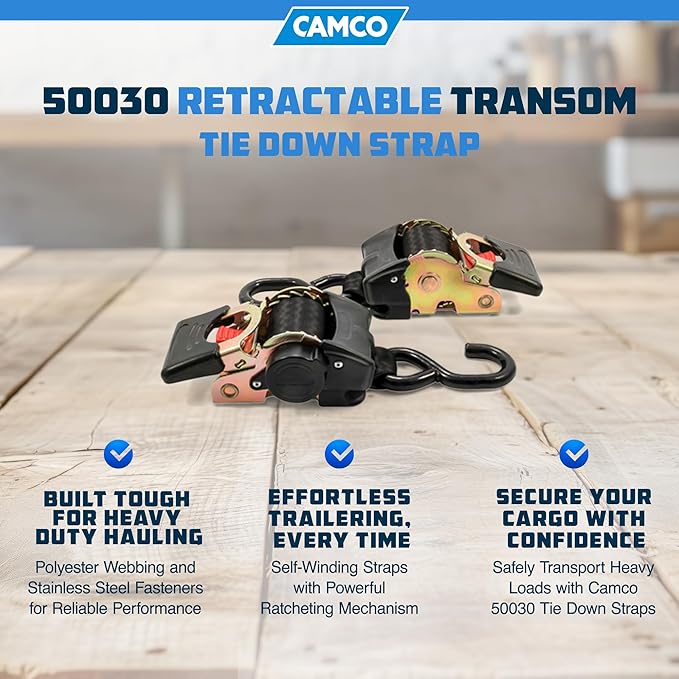 Camco 50030 Retractable Transom Tie Down Strap (2” Width, 5.5’, Bolt-On), Black