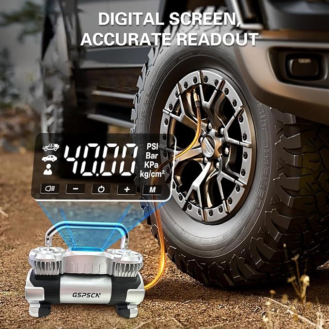 GSPSCN Digital Tire Inflator 12V Heavy Duty Metal Portable Air Compressor | 6X Faster Inflation Auto Shut-off Dual Cylinder Air Pump 150PSI LED Light w/Pencil Pressure Gauge for Car,Pickup,SUV,RV,Balls