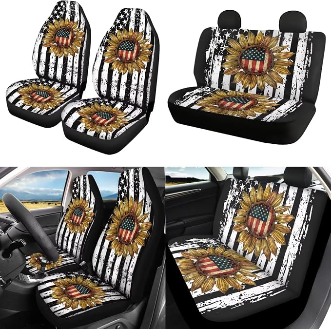 POLERO Sunflower and Flag Seat Covers for Cars Patriotic American Flag Front and Rear Bench Seat Cover Full Set Vintage Car Accessories 11pcs