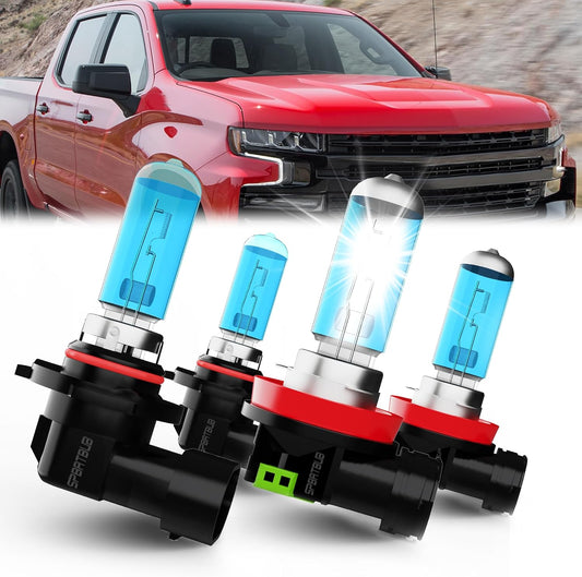 headlight bulbs compatible with Chevy Silverado 1500 2007-2021; Chevrolet Silverado 2500 2008-2018 Lights, 9005/HB3/H10 High Beam + H11/H8/H9 Low Beams, Pack of 4