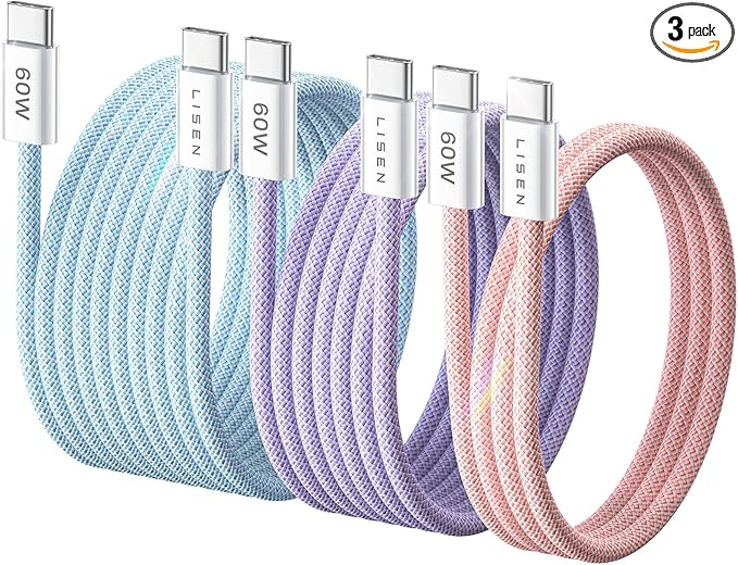 LISEN USB C Cable, 3-Pack [3.3/6.6/10FT] USBC to USBC Cable for iPhone 16e 15 Pro Max Charger Cord, 60W (3.1A) C to C Cable Fast Charging for Samsung S25/S24/23, Switch 2, iPad, MacBook