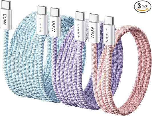 LISEN USB C Cable, 3-Pack [3.3/6.6/10FT] USBC to USBC Cable for iPhone 16e 15 Pro Max Charger Cord, 60W (3.1A) C to C Cable Fast Charging for Samsung S25/S24/23, Switch 2, iPad, MacBook