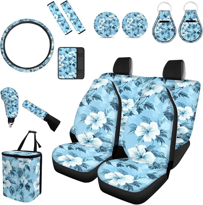 Forchrinse Blue Hibiscus Print Car Sea Cover Set for Women Flower Auto Interior Set with Steering Wheel Cover/Armrest Cover/Seatbelt Cover/Coaster/Keychain/Handbrake Gear Shift Cover,