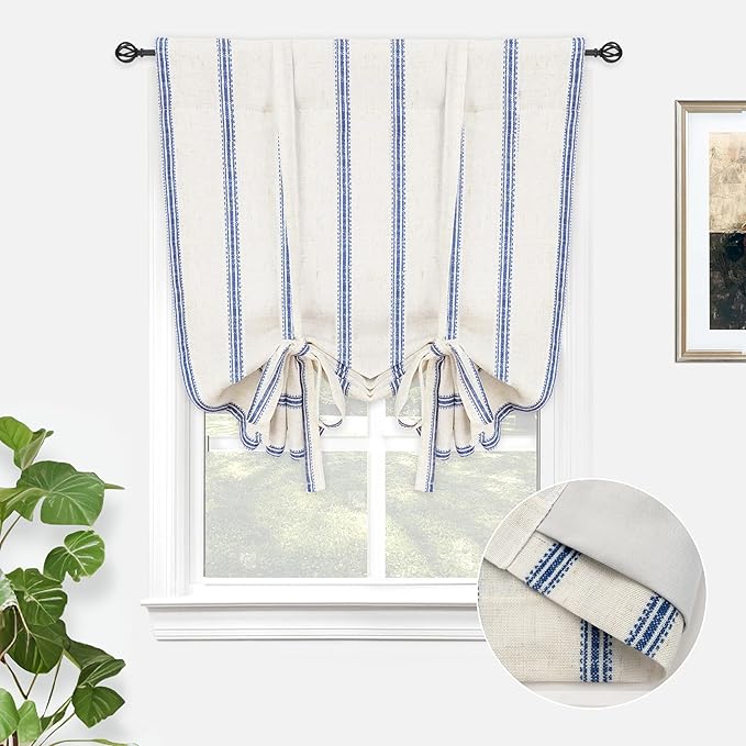 DriftAway Farmhouse Double Layer Linen Blackout Tie Up Curtains Thermal Insulated Vertical Striped Fully Lined Balloon Roman Shade Bathroom Window Adjustable Rod Pocket 25 Inch by 47 Inch Navy