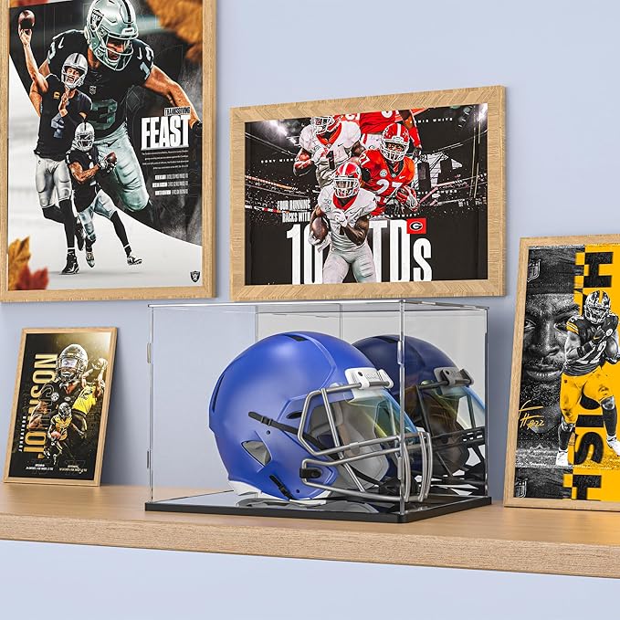 Football Helmet Display Case, Clear Acrylic Display Box for Full Size Football & Baseball Helmets, Mirrored Back & Bottom, Black Base, Dust-Resistant Showcase, 14.9" x 11.8" x 11.8"