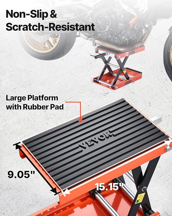 VEVOR Motorcycle Lift, 1500 lbs Motorcycle Scissor Lift Jack with Wide Deck & Lock Pin, 4.13"-13.77" Center Hoist Crank Stand, Steel Scissor Jack for Street Bikes, Cruiser Bikes, Touring Motorcycles