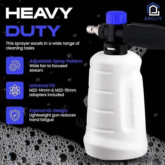 Adjustable Pressure Washer Gun, Snow Foam Gun 3000 PSI Cannon Foam Blaster, 1/4" Quick Connector, 5 Nozzle Tips, 1L Car Wash Foam Cannon