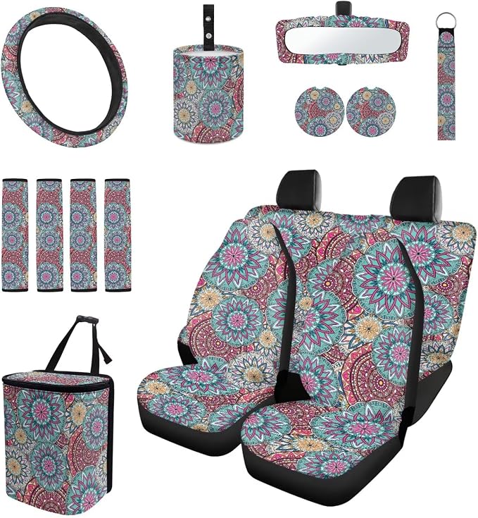 Boho Mandala Floral Car Accessories Car Seats Cover Protector, Steering Wheel Covers, Seatbelt Cover, Car Trash Can, Cup Coasters, Rearview Mirror Cover, Keychains, Pack of 15