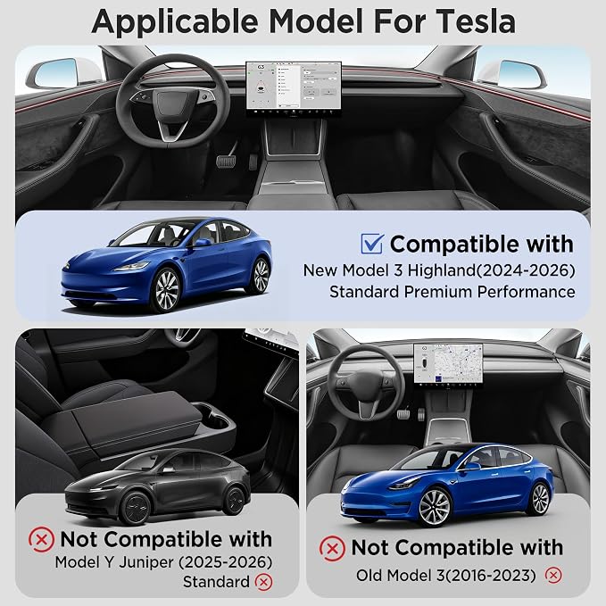11PCS Center Console Organizer for Tesla New Model 3 Highland Under Center Armrest Storage Armrest Cover Hidden Storage Charger Pad for Tesla Model 3 Accessories 2024-2026 Black